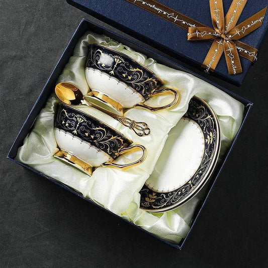 Exquisite Vintage Fine Bone China White, Black & Gold Floral Teacup Set - Le Joyau Store - 220ml,blue,bone china,ceramic,vintage - Classic Set 3pcs