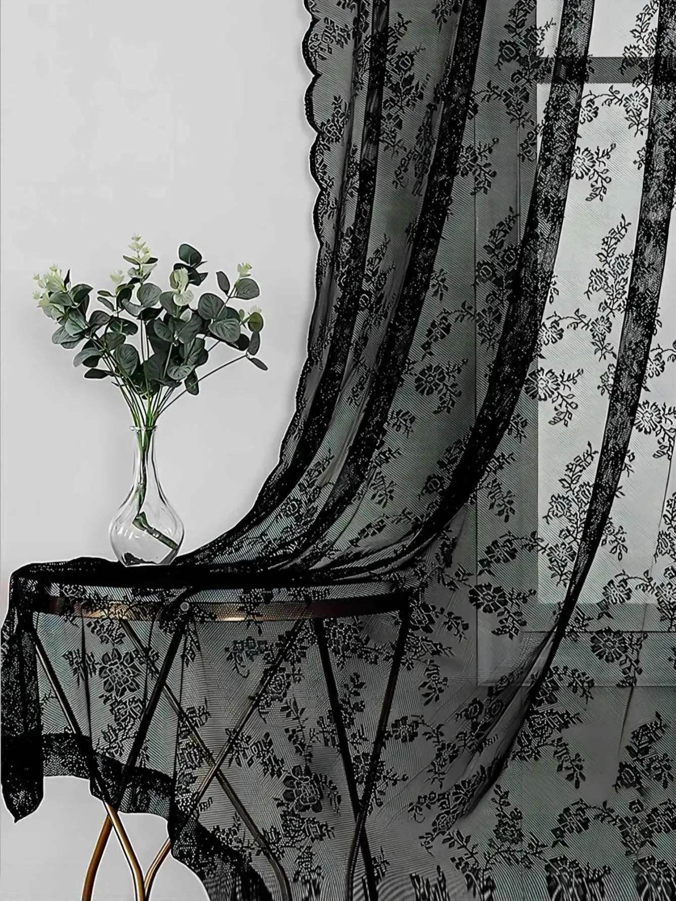 Vintage Gothic Victorian Style Floral Sheer Black Lace Net Curtain - Le Joyau Store - black lace,decor,Germany,romantic,sheer curtain - W100XW100cm / Black 2panels