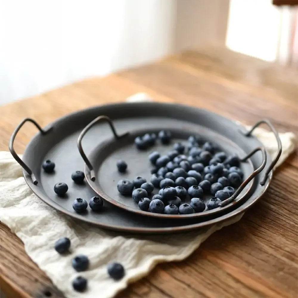 Vintage Rustic Iron Bread & Snack Tray with Handles Farmhouse Kitchen Decor & Photography Prop - Le Joyau Store - antique,decor,handles,metal tray,vintage - 20cm