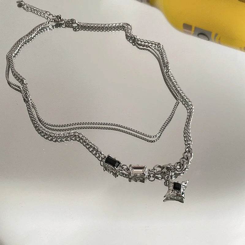 Gothic Punk Silver Zircon Cross Star Beaded Pearl Unisex Chain Necklace - Le Joyau Store - beaded,tassel,titanium,unisex,zircon - A