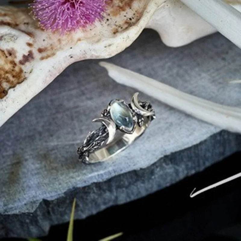 Triple Goddess Witches Crescent Moon & Leaves Moonstone Cubic Zirconia Ring - Le Joyau Store - Bohemian,Cubic zirconia,Finger,Moonstone,Vintage - 6
