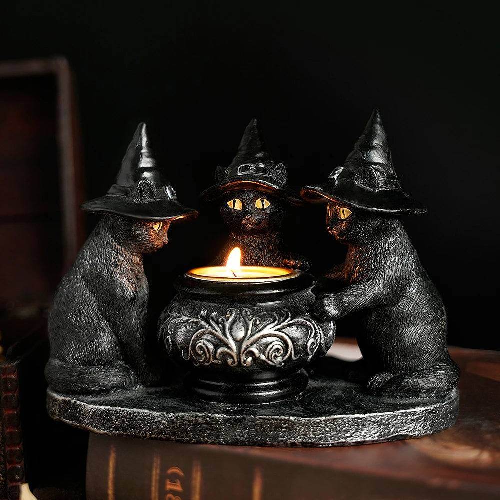 Gothic Black Cat Witches Cauldron Candle Holder - Le Joyau Store - Crafts,Halloween,Home Decor,Resin,Witch Cat - 