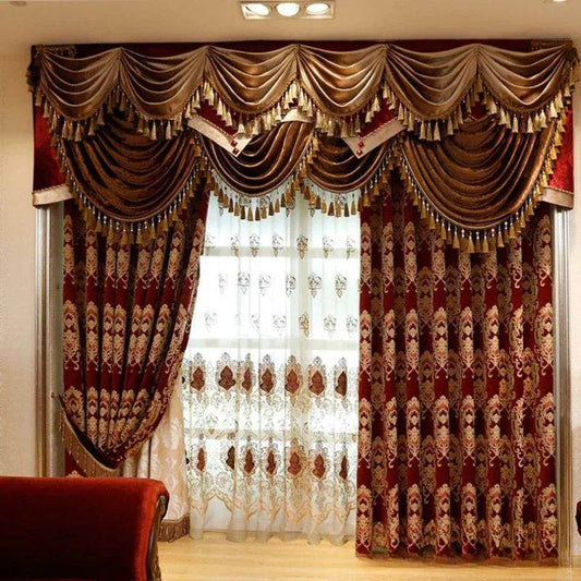 Luxury Deep Red Gold Vintage Baroque European Style Chenille Blackout Curtains - Le Joyau Store - blackout,chenille,elegant,jacquard,red - W150cmxH250cm 1PC / Tulle / Hook