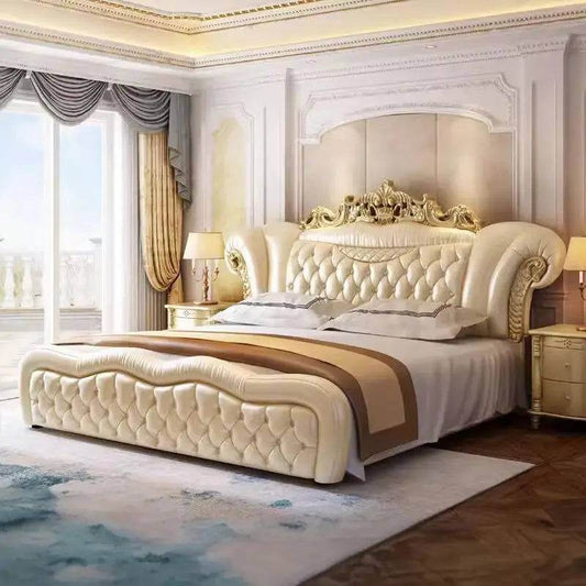 Royal Quilted Cream Pearl King Size Leather Bedframe with Gold Headboard & Optional Nightstand - Le Joyau Store - double,european,king size,modern,wooden - Pressure Structure / 1.8x2.0m Bed