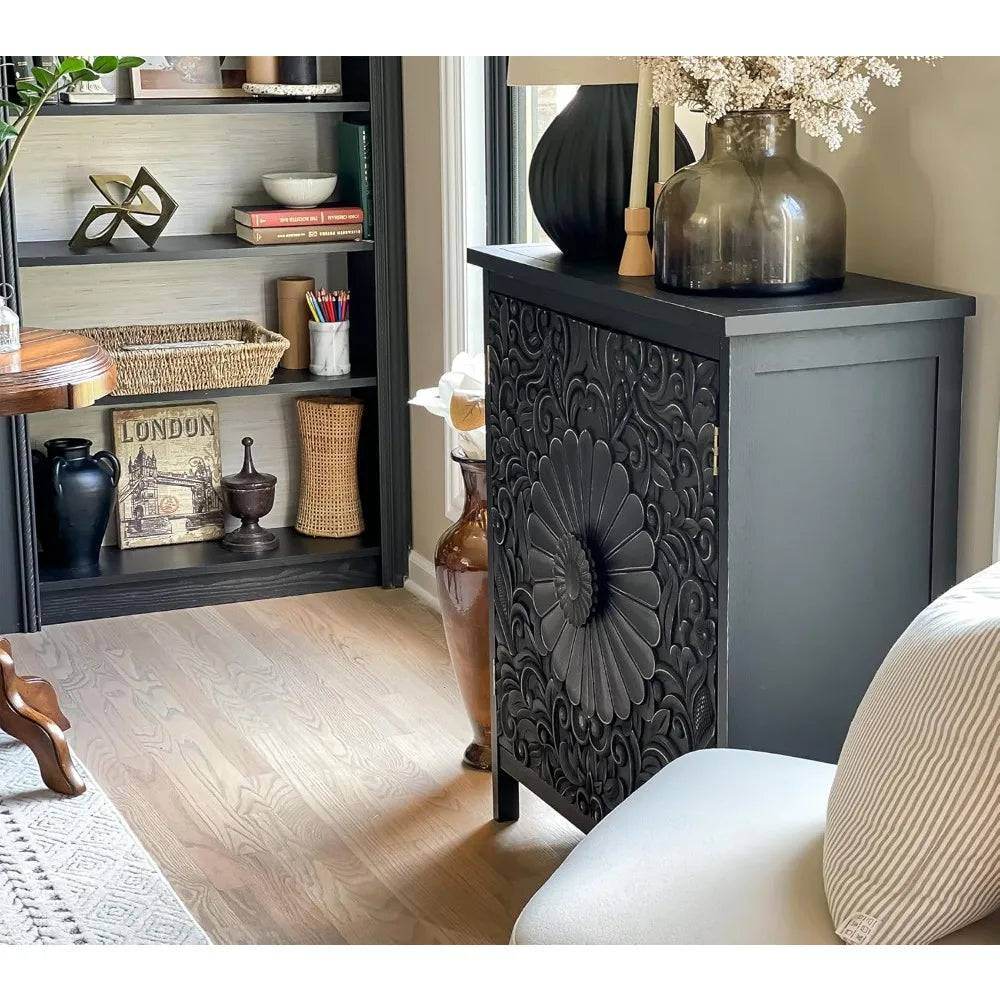 Black Gothic Carved Floral Accent Cabinet Vintage Rustic Storage with Embossed Doors - Le Joyau Store - black,durable,floral,rustic,wood - Metal Church Window