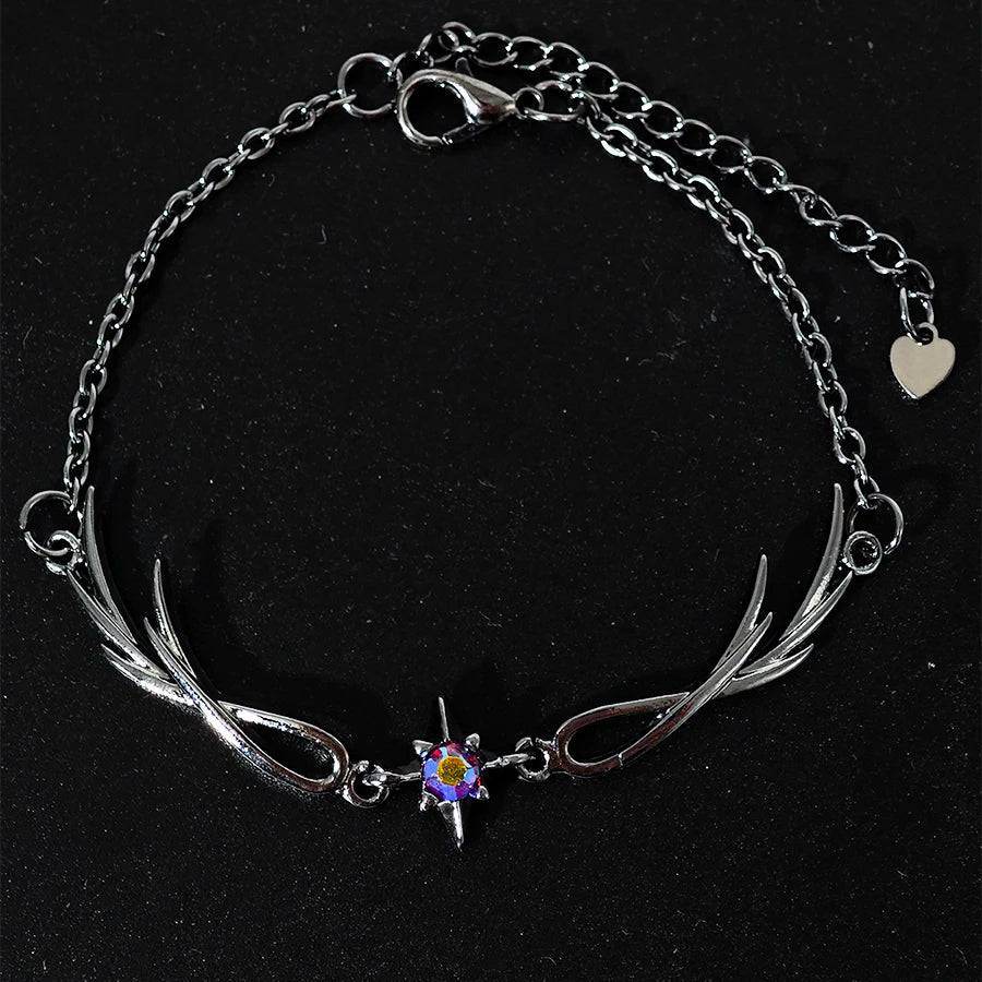 Gothic Blackened Silver Feathered Six Point Rhinestone Star Chain Bracelet - Le Joyau Store - Feather,Gun black,Punk style - 
