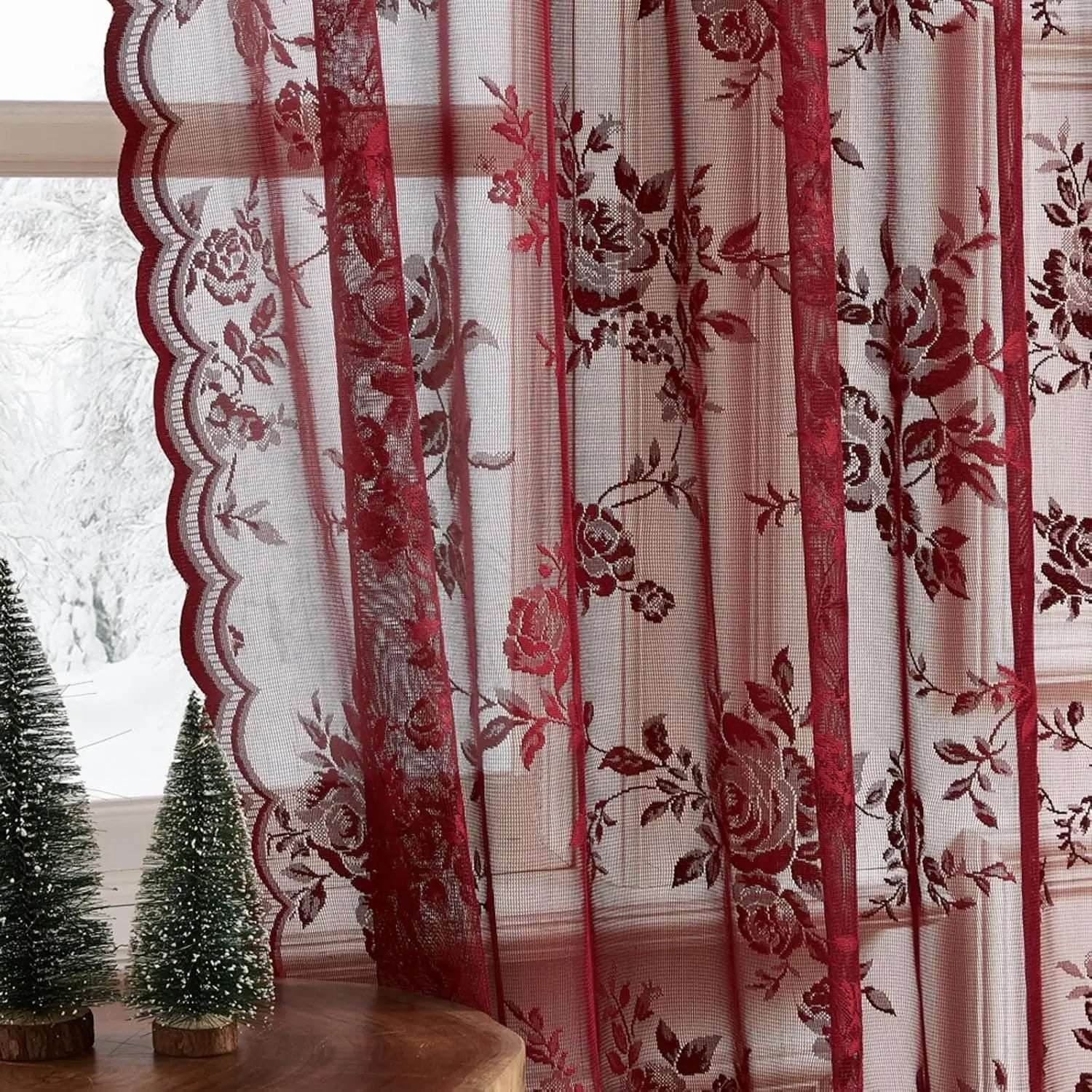 Gothic Vintage Red Rose Floral Lace Sheer Net Curtains - Le Joyau Store - Burgundy,Floral,Lace,Light Filtering,Sheer - 100x200cm / Fixed Pleat