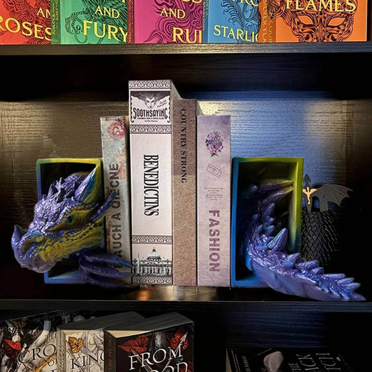 Fierce Dragon-Shaped Fantasy-Themed Book Nook Head & Tail Bookshelf Bookends (2pcs) - Le Joyau Store - bookend,decor,dragon,fantasy,home - Black