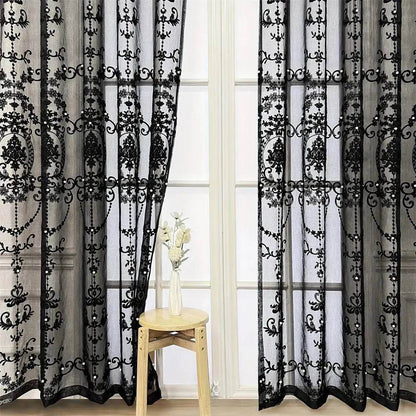 Gothic Vintage French Style Black Tulle Beaded Net Curtain (1 Pcs) - Le Joyau Store - beaded,black,embroidery,light filter,tulle - 1 Panel W140xH240cm / Grommet (Ring) Top