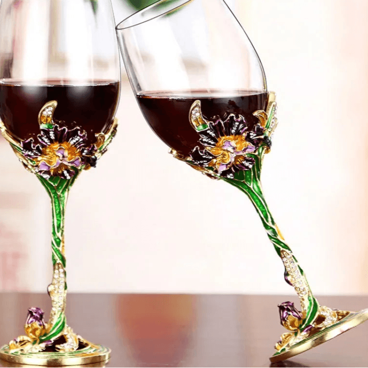 Vintage European Antique Floral Enamel Crystal Wine Decanter or Wine Glasses - Le Joyau Store - crystal,decanter,elegant,gift set,goblets - 1 Glass
