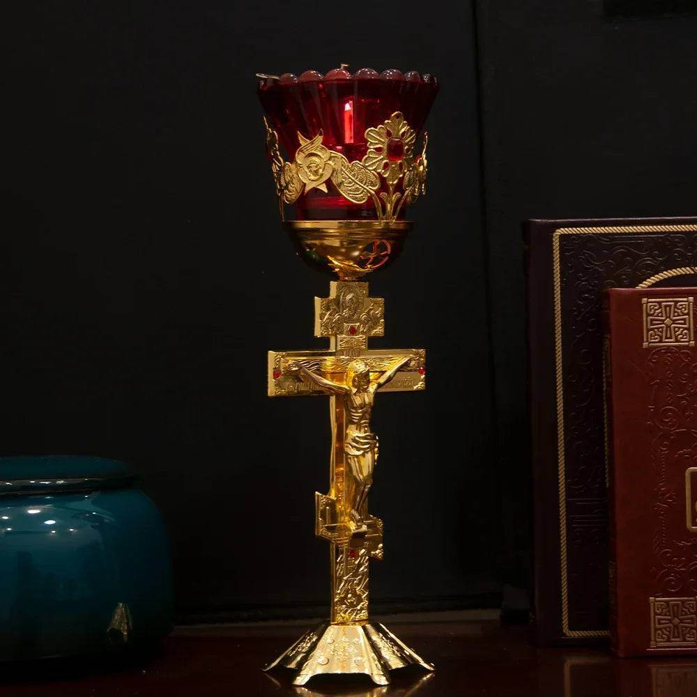 Traditional Orthodox Jesus Christ Red & Gold Chalice Candleholder - Le Joyau Store - candle,metal,orthodox,table,worship - 