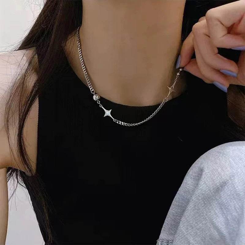 Gothic Punk Silver Zircon Cross Star Beaded Pearl Unisex Chain Necklace - Le Joyau Store - beaded,tassel,titanium,unisex,zircon - A