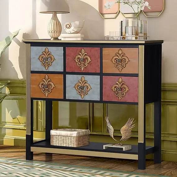 Black Gothic Carved Floral Accent Cabinet Vintage Rustic Storage with Embossed Doors - Le Joyau Store - black,durable,floral,rustic,wood - Metal Church Window