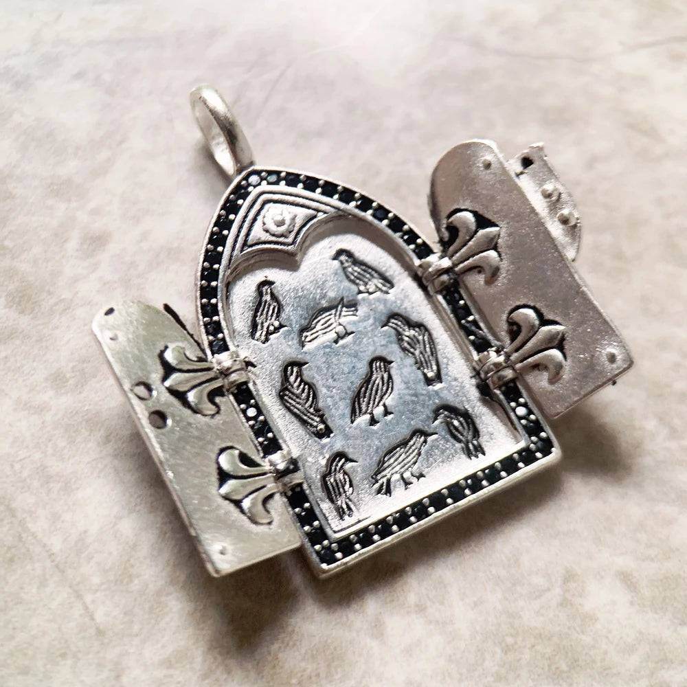 925 Sterling Silver Vintage Medieval Window Frame & Crow Silhouette Zircon Pendant Charm - Le Joyau Store - Raven - Silver