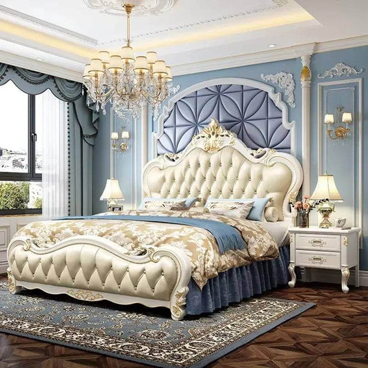 European Princess Queen or King Size Quilted Cream Bedframe with Wooden Headboard - Le Joyau Store - Solid Wood,Villa Style,White Wood - Frame Construction / 1.5x2.0m Bed