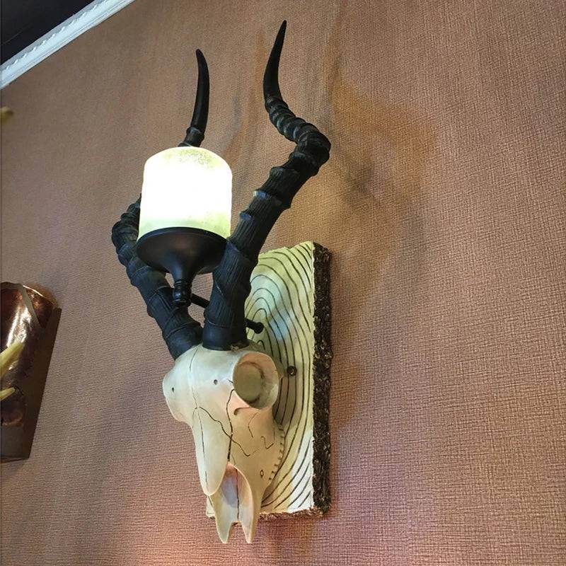 Industrial Gothic Replica Sheep Head Skull Wall Lamp with Wooden Headboard - Le Joyau Store - Creative,LED,Resin,Retro,Sheep Head - 110V