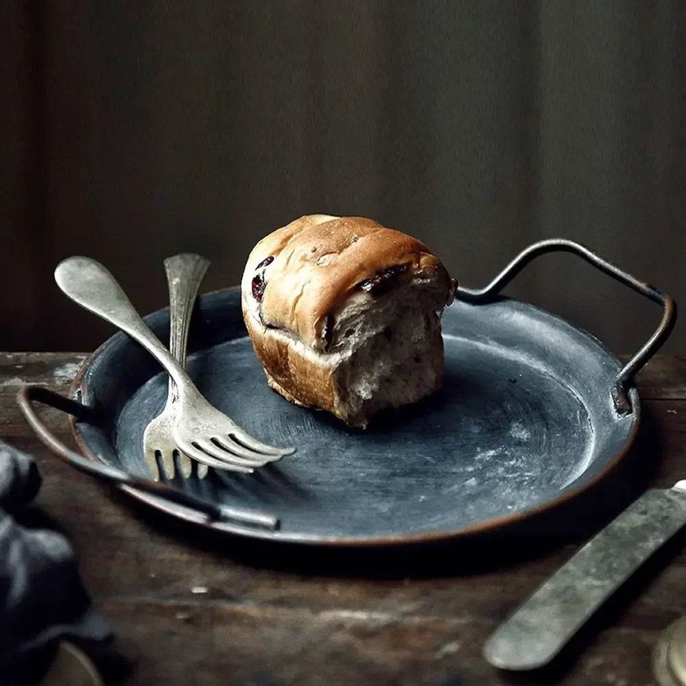Vintage Rustic Iron Bread & Snack Tray with Handles Farmhouse Kitchen Decor & Photography Prop - Le Joyau Store - antique,decor,handles,metal tray,vintage - 20cm