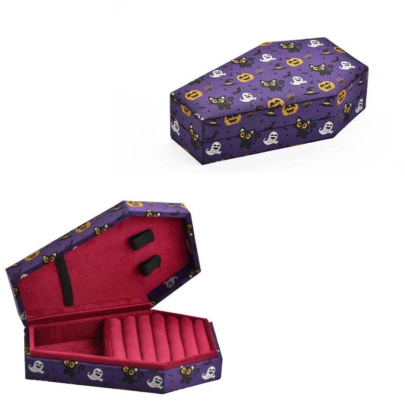 Velvet Coffin Jewelry Box Gothic Black & Red Ring Display Case with Lid - Le Joyau Store - coffin,custom,gothic,jewelry,velvet - M / Rose Logo