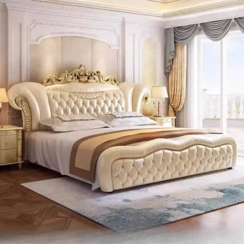 Royal Quilted Cream Pearl King Size Leather Bedframe with Gold Headboard & Optional Nightstand - Le Joyau Store - double,european,king size,modern,wooden - Pressure Structure / 1.8x2.0m Bed