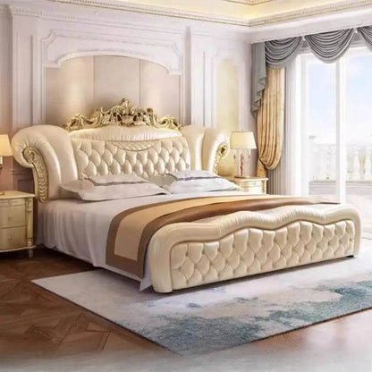 Royal Quilted Cream Pearl King Size Leather Bedframe with Gold Headboard & Optional Nightstand - Le Joyau Store - double,european,king size,modern,wooden - Pressure Structure / 1.8x2.0m Bed
