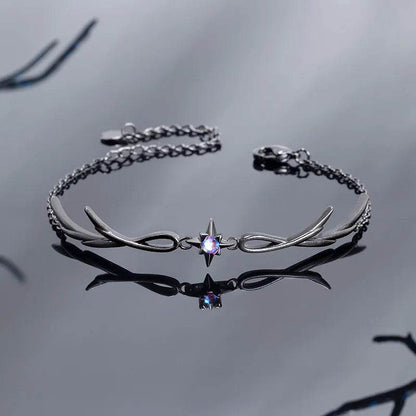 Gothic Blackened Silver Feathered Six Point Rhinestone Star Chain Bracelet - Le Joyau Store - Feather,Gun black,Punk style - 
