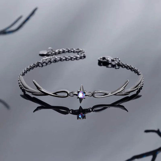 Gothic Blackened Silver Feathered Six Point Rhinestone Star Chain Bracelet - Le Joyau Store - Feather,Gun black,Punk style - 