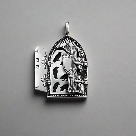 925 Sterling Silver Vintage Medieval Window Frame & Crow Silhouette Zircon Pendant Charm - Le Joyau Store - Raven - Silver