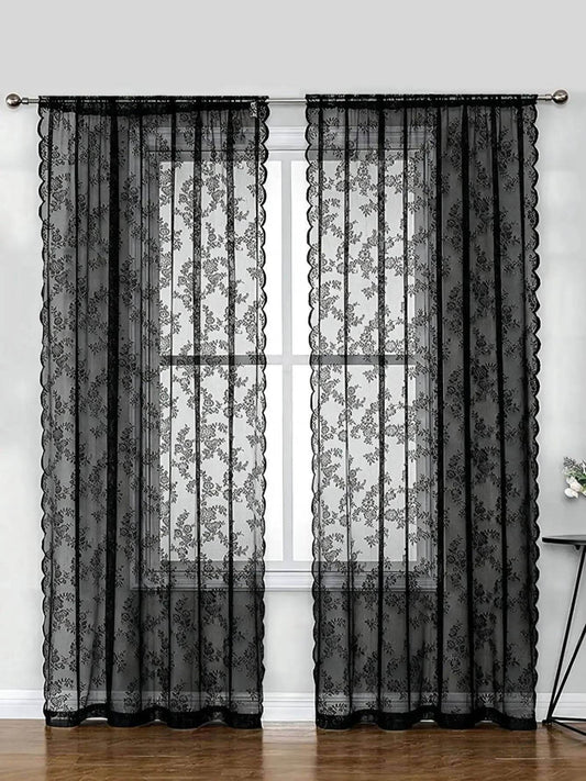 Vintage Gothic Victorian Style Floral Sheer Black Lace Net Curtain - Le Joyau Store - black lace,decor,Germany,romantic,sheer curtain - W100XW100cm / Black 2panels
