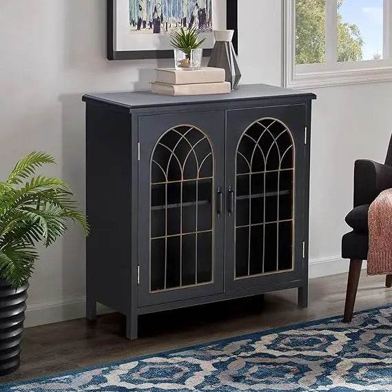 Black Gothic Carved Floral Accent Cabinet Vintage Rustic Storage with Embossed Doors - Le Joyau Store - black,durable,floral,rustic,wood - Metal Church Window