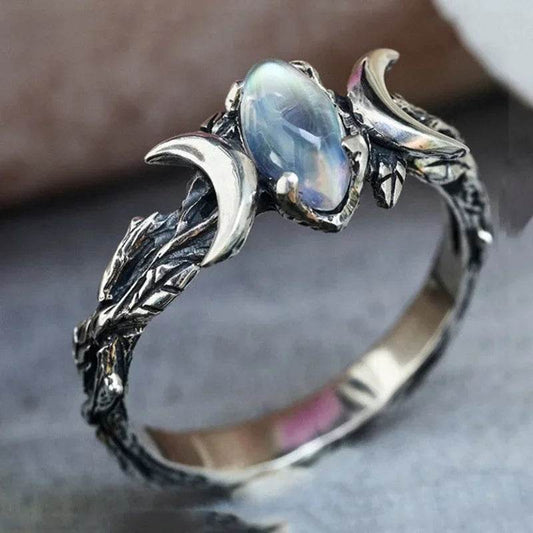 Triple Goddess Witches Crescent Moon & Leaves Moonstone Cubic Zirconia Ring - Le Joyau Store - Bohemian,Cubic zirconia,Finger,Moonstone,Vintage - 6