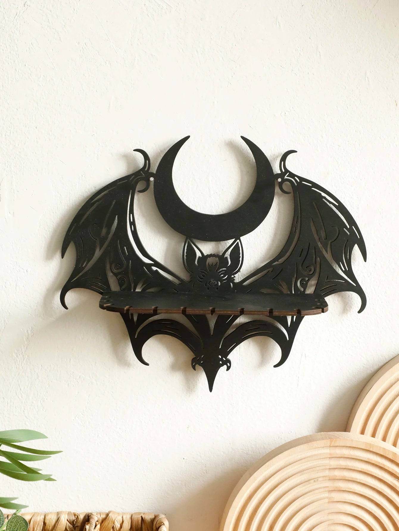 Gothic Black Bat & Crescent Moon Witches Wooden Wall Shelf Crystal Display Rack - Le Joyau Store - Bat,Black,Gothic,Halloween,Moon - 