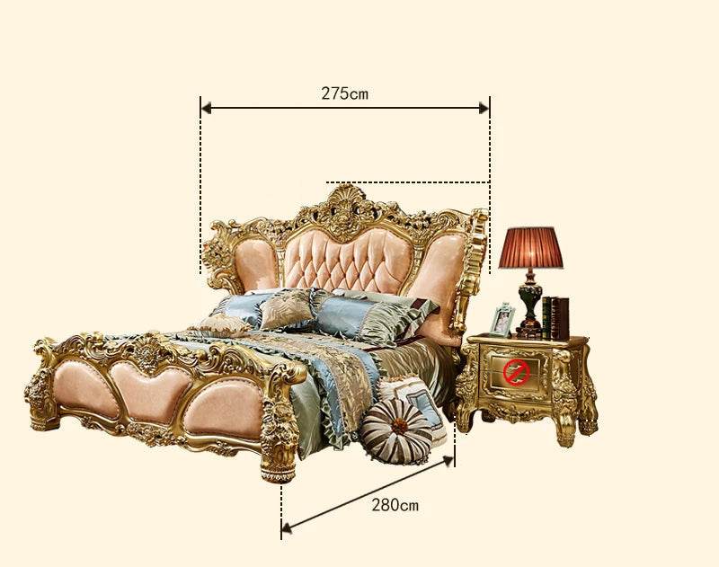 Royal European King Size Light Pink Leather Bed with Gold Engraved Gilded Filigree Headboard - Le Joyau Store - Headboard,Leather,Luxury,Queen,Trendy - 1.8x2m King Bed