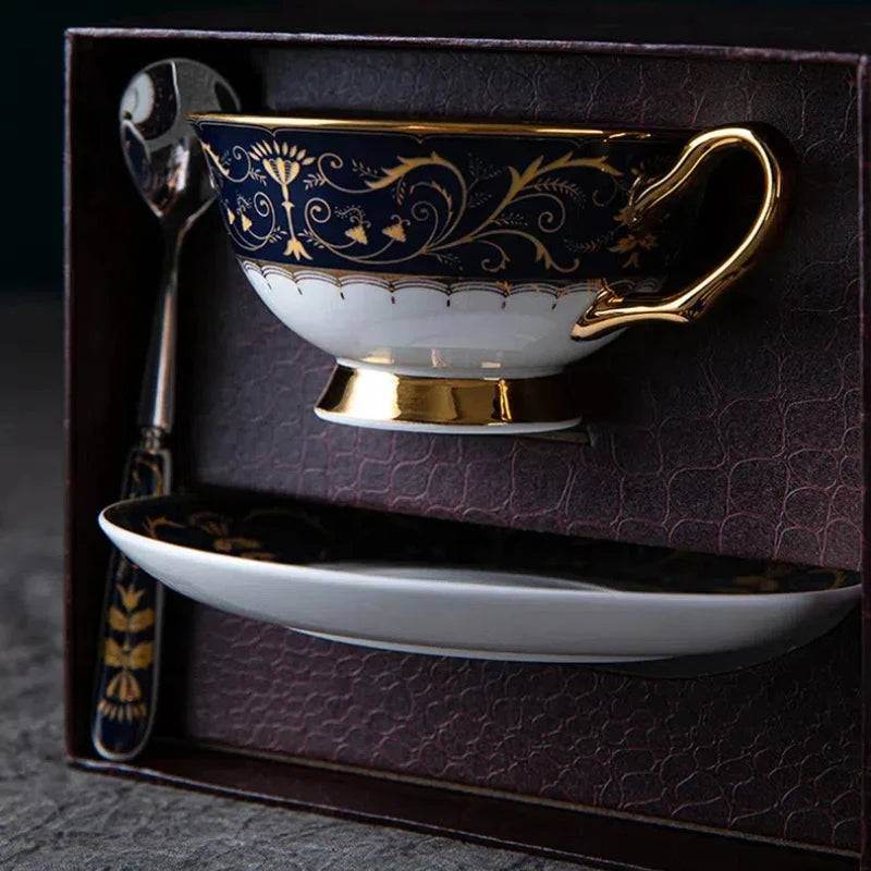 Exquisite Vintage Fine Bone China White, Black & Gold Floral Teacup Set - Le Joyau Store - 220ml,blue,bone china,ceramic,vintage - Classic Set 3pcs