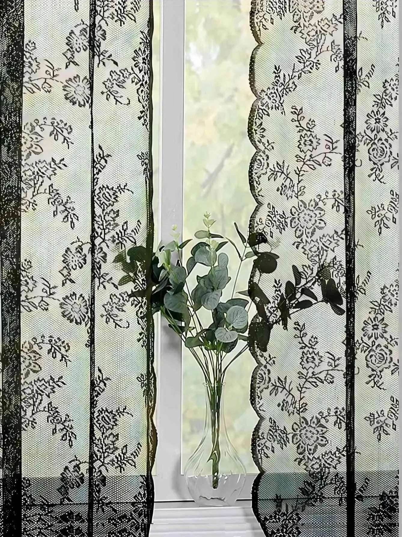 Vintage Gothic Victorian Style Floral Sheer Black Lace Net Curtain - Le Joyau Store - black lace,decor,Germany,romantic,sheer curtain - W100XW100cm / Black 2panels