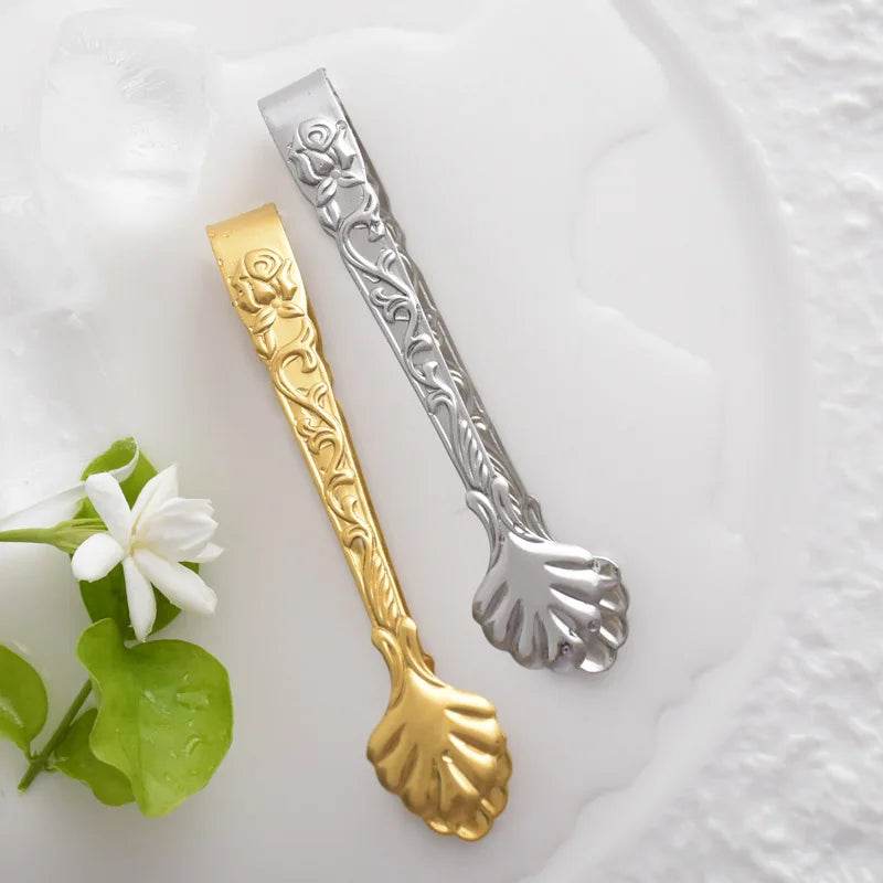Vintage Antique Stainless Steel Rose Handle Sugar Tongs Set (2pcs) - Le Joyau Store - durable,elegant,lightweight,rose,stainless - 