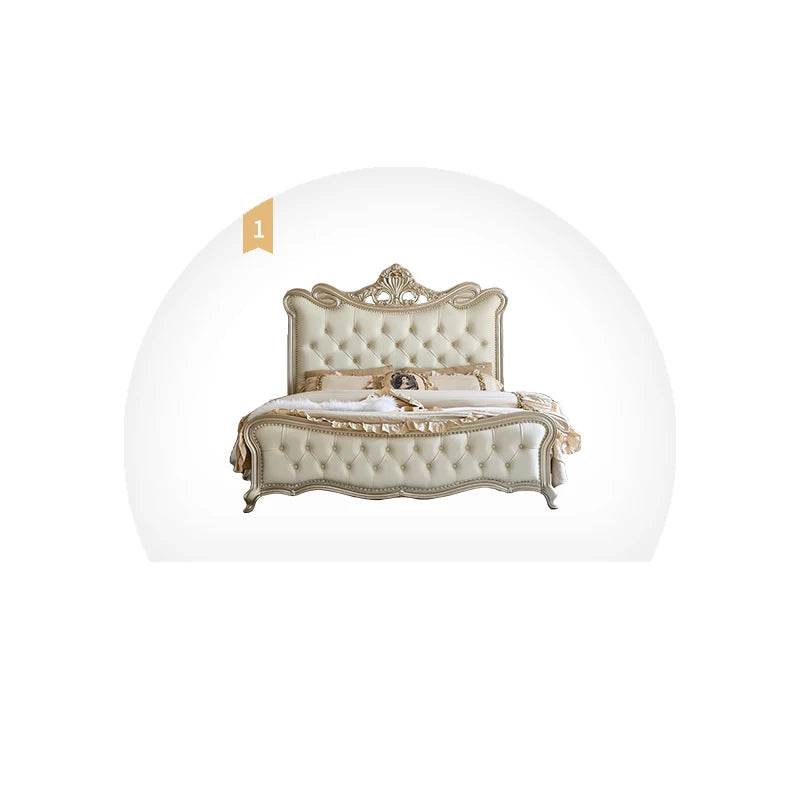 Luxury European Genuine Leather King Size Cream Royal Bed with Light Gold Engraved Headboard - Le Joyau Store - Double Bed,European,Luxury,Multifunction - 1.5x2.0M / Bed Only