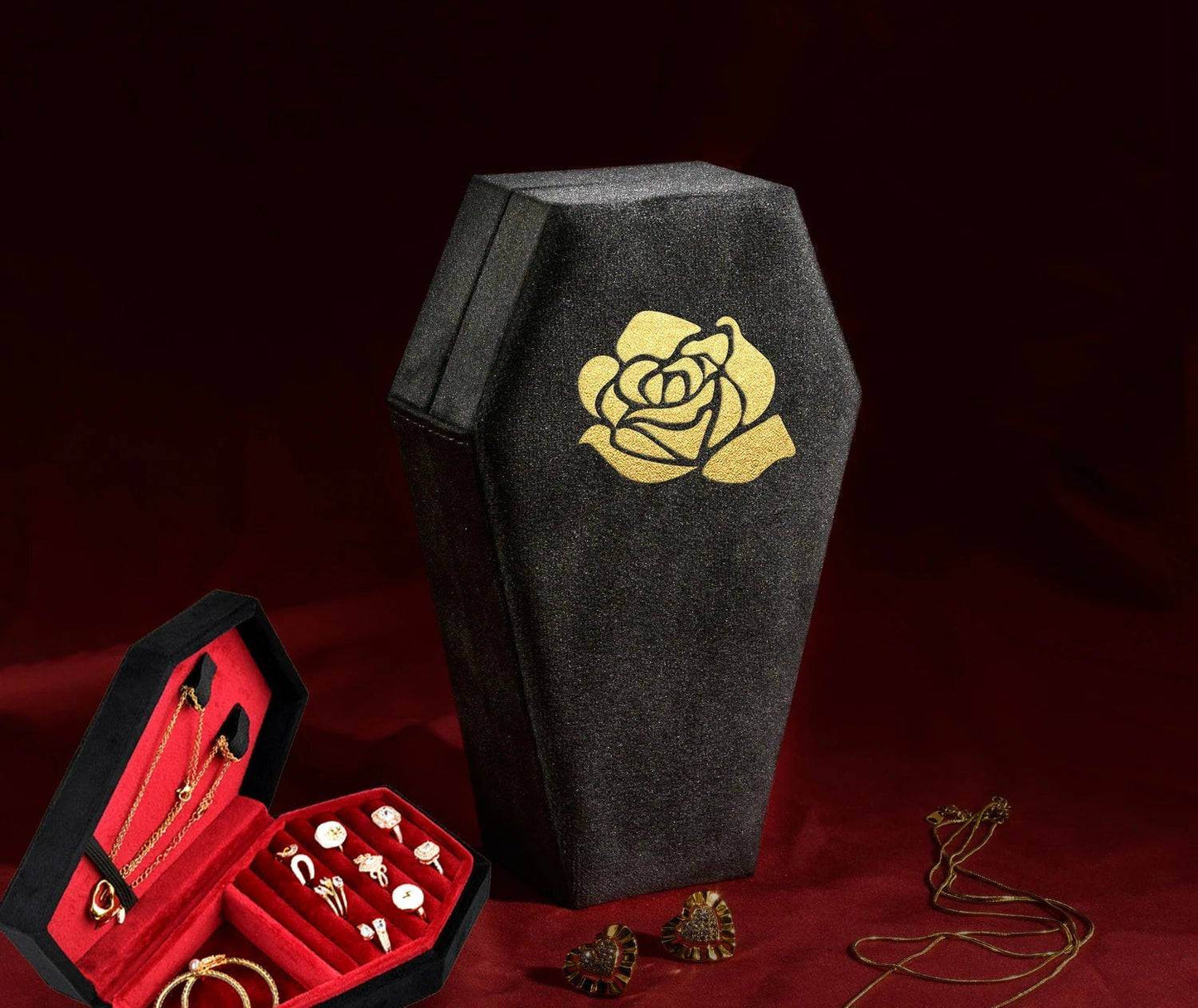 Velvet Coffin Jewelry Box Gothic Black & Red Ring Display Case with Lid - Le Joyau Store - coffin,custom,gothic,jewelry,velvet - M / Rose Logo