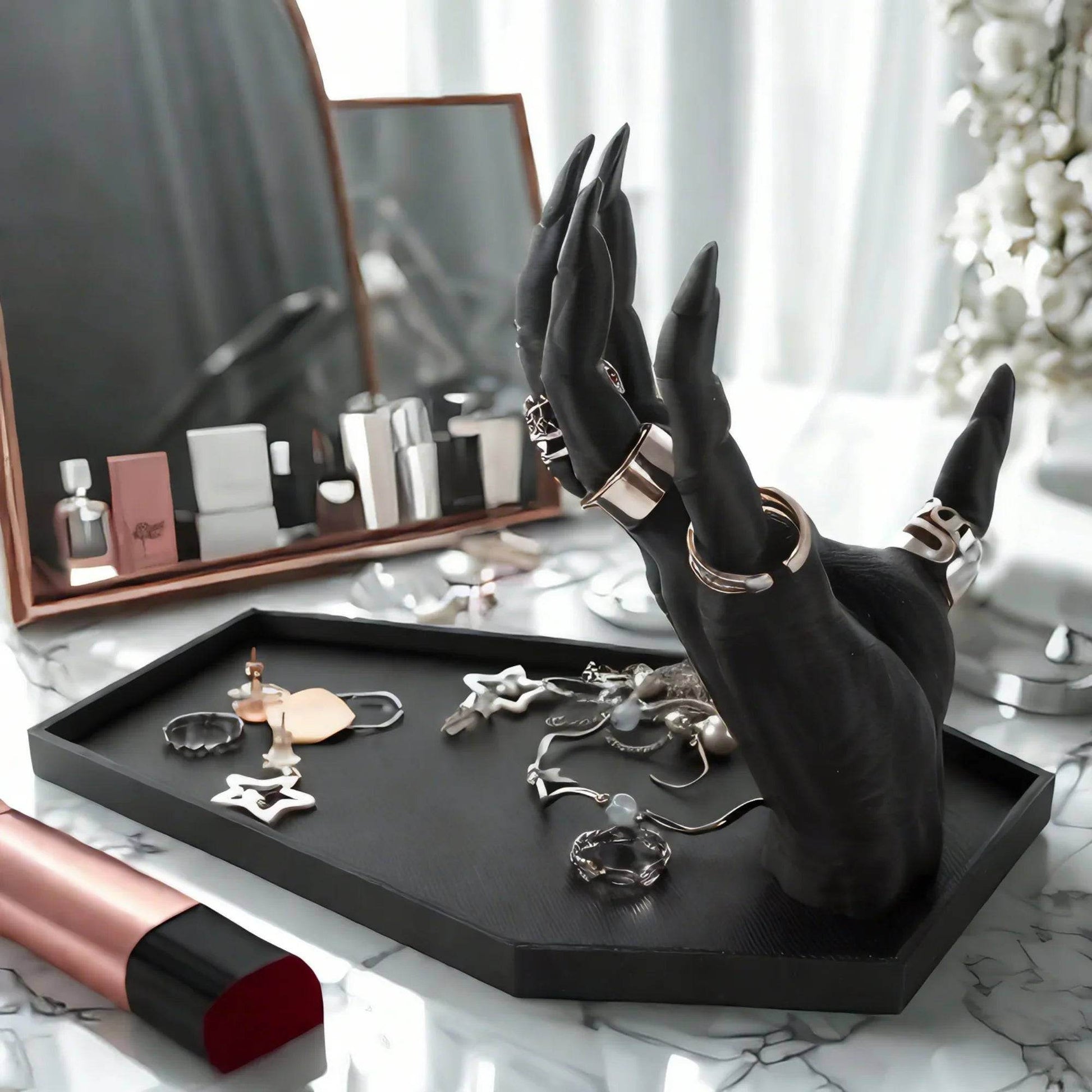Gothic Devil’s Hand & Coffin Jewelry Holder Black Occult Ring & Necklace Display Stand - Le Joyau Store - dark,decor,gothic,jewelry,stand - 