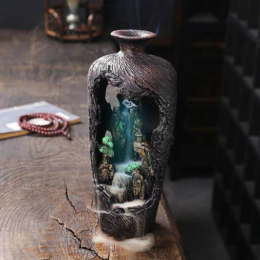 Rustic Fengshui Waterfall Village Vase LED Incense Burner Censer - Le Joyau Store - Backflow,Calm,Decor,Meditation,Resin - BurnerAF23 With LED