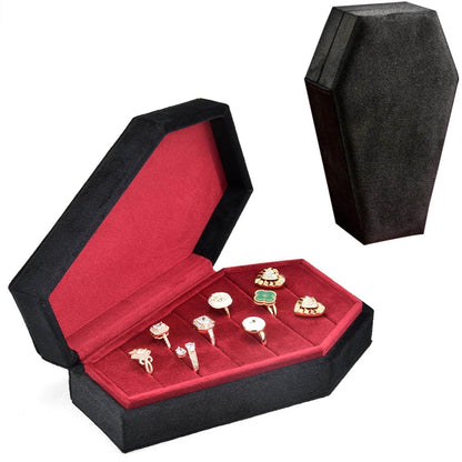 Velvet Coffin Jewelry Box Gothic Black & Red Ring Display Case with Lid - Le Joyau Store - coffin,custom,gothic,jewelry,velvet - M / Rose Logo