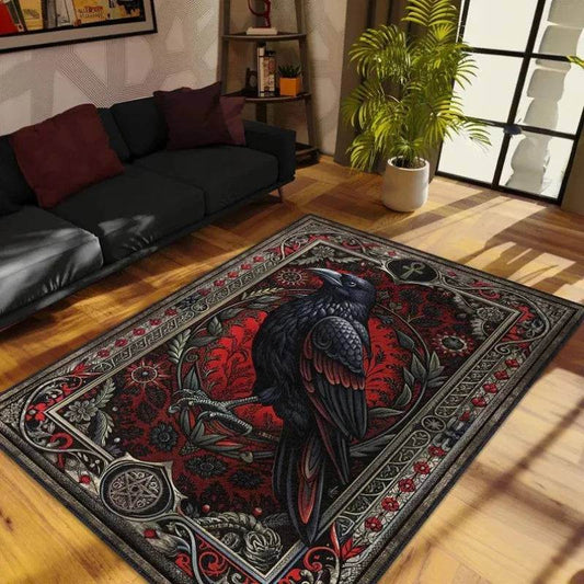 Gothic Black & Red Raven Ankh & Pentagram Decorative Rug - Le Joyau Store - Black,Flannel,Gothic,Mat,Raven - 40x60cm