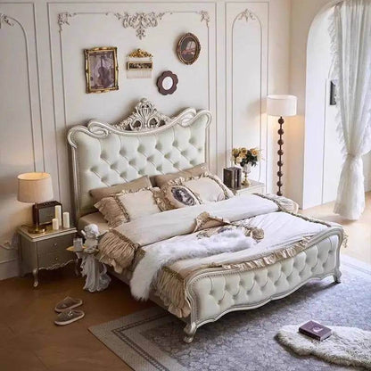 Luxury European Genuine Leather King Size Cream Royal Bed with Light Gold Engraved Headboard - Le Joyau Store - Double Bed,European,Luxury,Multifunction - 1.5x2.0M / Bed Only