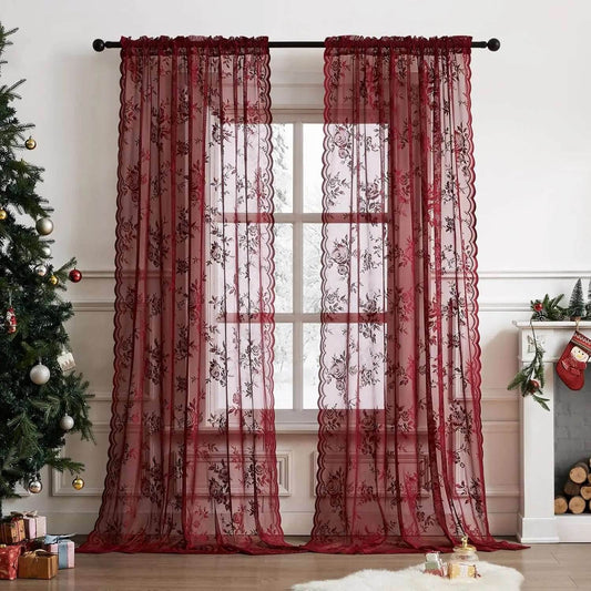 Gothic Vintage Red Rose Floral Lace Sheer Net Curtains - Le Joyau Store - Burgundy,Floral,Lace,Light Filtering,Sheer - 100x200cm / Fixed Pleat