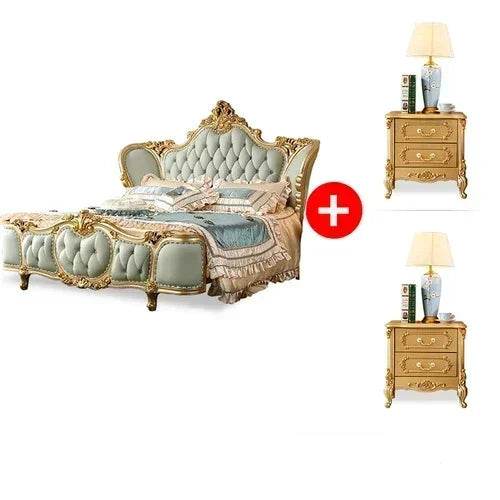 European Royal Mint Green Plush Leather King Size Luxury Bedframe with Gold Engraved Headboard - Le Joyau Store - Bedroom,Green,King Size,Leather,Modern - Bed Only