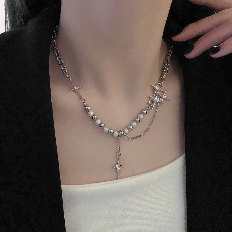 Gothic Punk Silver Zircon Cross Star Beaded Pearl Unisex Chain Necklace - Le Joyau Store - beaded,tassel,titanium,unisex,zircon - A