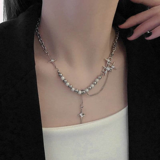 Gothic Punk Silver Zircon Cross Star Beaded Pearl Unisex Chain Necklace - Le Joyau Store - beaded,tassel,titanium,unisex,zircon - A