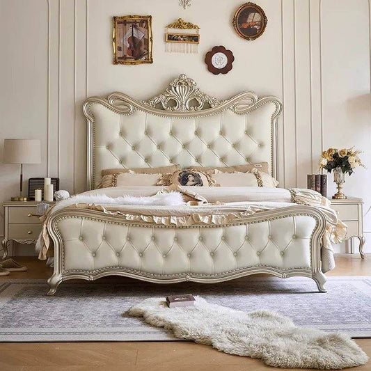 Luxury European Genuine Leather King Size Cream Royal Bed with Light Gold Engraved Headboard - Le Joyau Store - Double Bed,European,Luxury,Multifunction - 1.5x2.0M / Bed Only