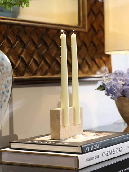 Vintage Rustic Beige Travertine Stone Taper Candle Holder - Le Joyau Store - Beige,Handcrafted,Marble,Minimalism,Vintage - A