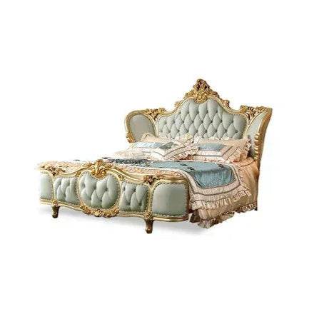 European Royal Mint Green Plush Leather King Size Luxury Bedframe with Gold Engraved Headboard - Le Joyau Store - Bedroom,Green,King Size,Leather,Modern - Bed Only