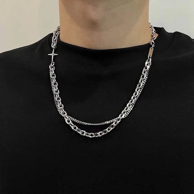 Gothic Punk Silver Zircon Cross Star Beaded Pearl Unisex Chain Necklace - Le Joyau Store - beaded,tassel,titanium,unisex,zircon - A
